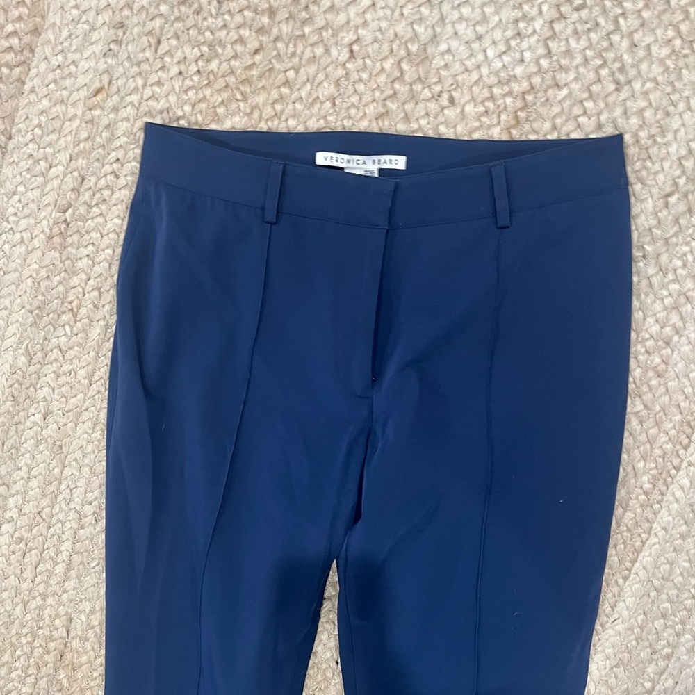 Veronica Beard Navy Blue Fitted Front Pin-tuck/Pleat Flare Trousers - Picture 4 of 6